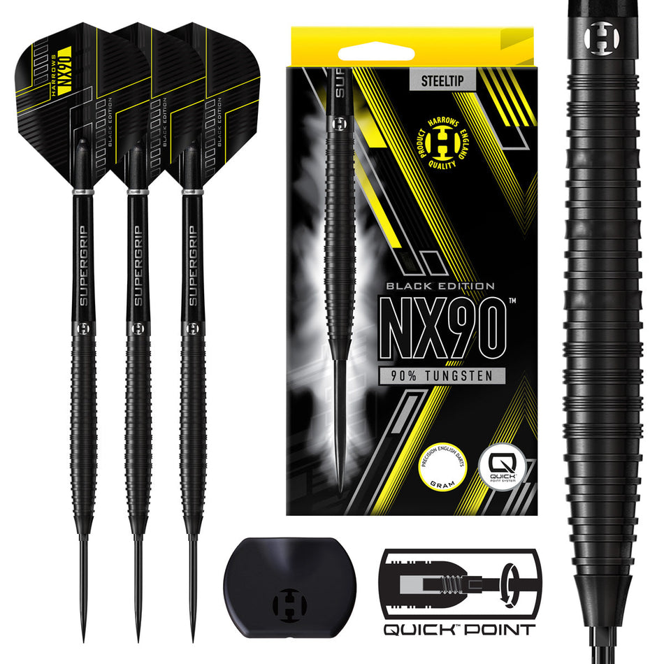 Harrows NX90 Tapered Black Edition Quick Point 90% Tungsten Steel Tip Darts