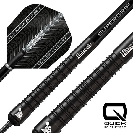 Close up image of the Harrows Supergrip Black Quick Point 90% Tungsten Steel Tip Darts barrels highlighting the grip, machining and Quick Point system