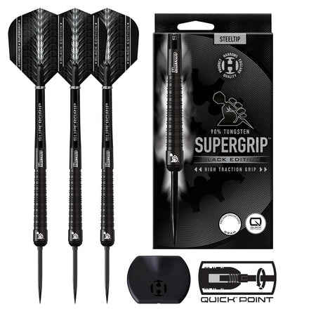 Image of the Harrows Supergrip Black Quick Point 90% Tungsten Steel Tip Darts displayed for retail sale with product packaging