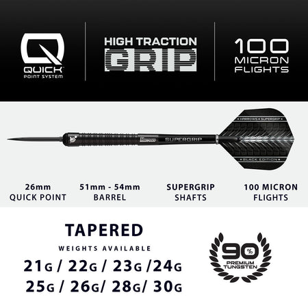 Harrows Supergrip Black Quick Point 90% Tungsten Steel Tip Darts specifications and product dimensions