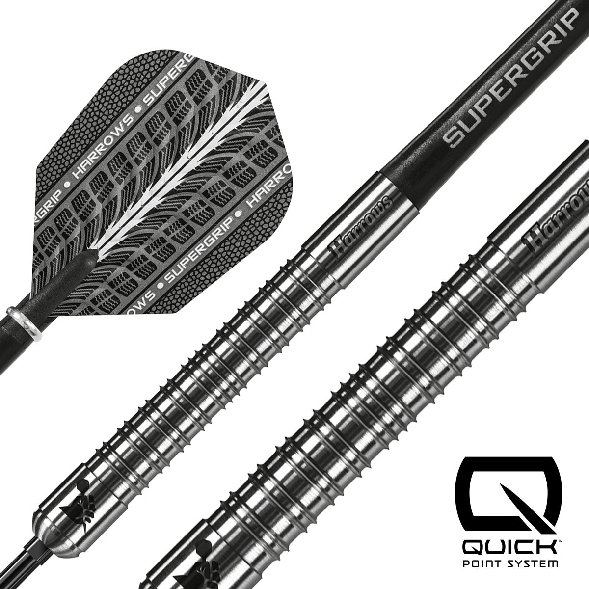 Close up image of the Harrows Supergrip Quick Point 90% Tungsten Steel Tip Darts barrels highlighting the grip, machining and Quick Point system