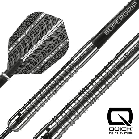 Close up image of the Harrows Supergrip Quick Point 90% Tungsten Steel Tip Darts barrels highlighting the grip, machining and Quick Point system
