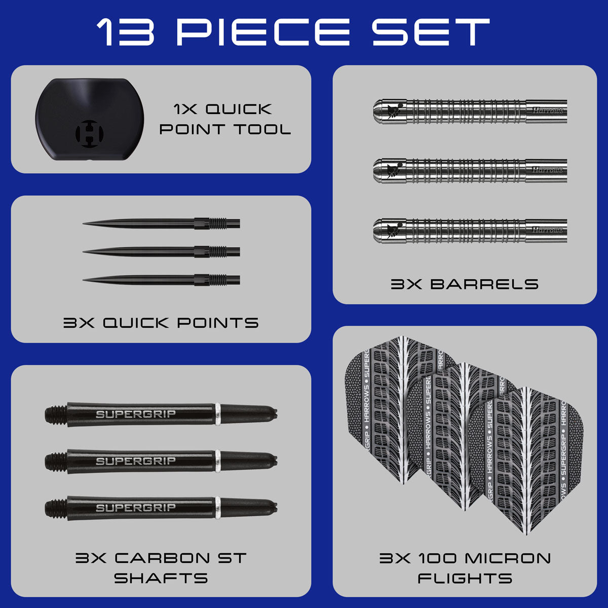 Image showing the contents included with the Harrows Supergrip Quick Point 90% Tungsten Steel Tip Darts