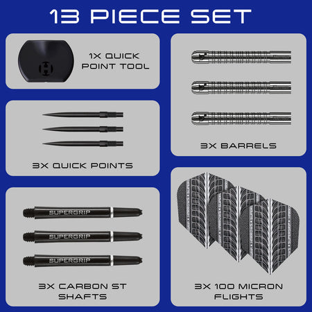 Image showing the contents included with the Harrows Supergrip Quick Point 90% Tungsten Steel Tip Darts