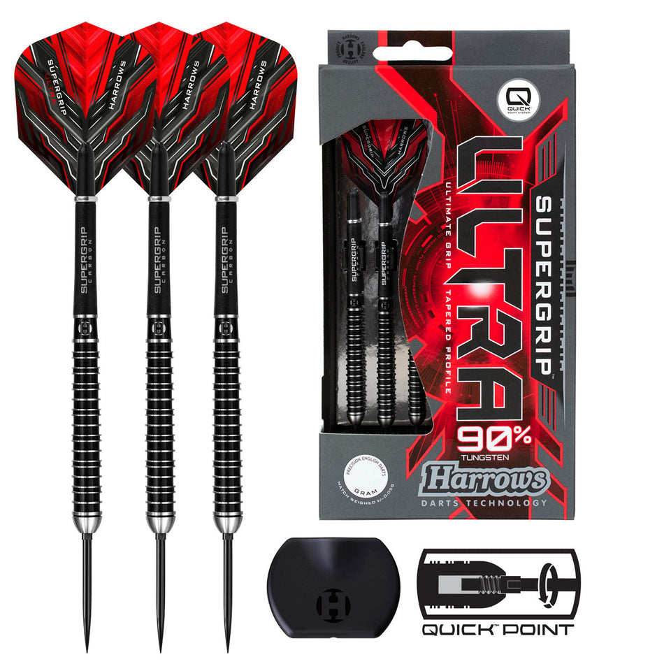 Image of the Harrows Supergrip Ultra Quick Point 90% Tungsten Steel Tip Darts displayed for retail sale with product packaging