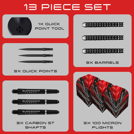 Image showing the contents included with the Harrows Supergrip Ultra Quick Point 90% Tungsten Steel Tip Darts