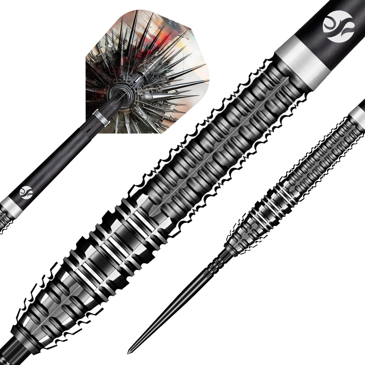 Close up image of the Shot Gnarly Smasha Turbo Point 90% Tungsten Steel Tip Darts barrels highlighting the grip and machining