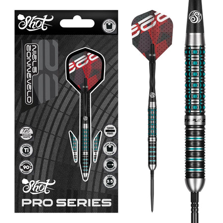 Image of the Shot Niels Zonneveld Turbo Point 90% Tungsten Steel Tip Darts displayed for retail sale with product packaging