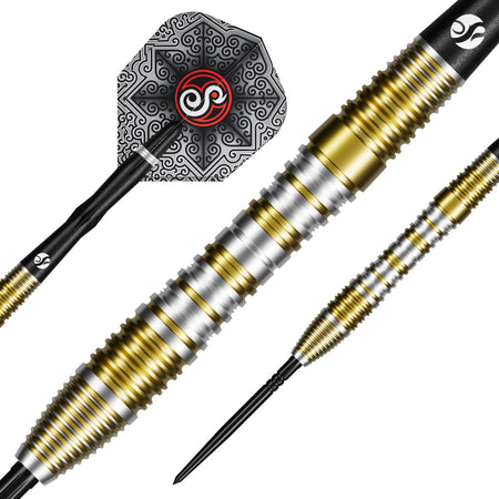 Close up image of the Shot Pro Series Alexander Merkx Turbo Point 90% Tungsten Steel Tip Darts barrels highlighting the grip and machining