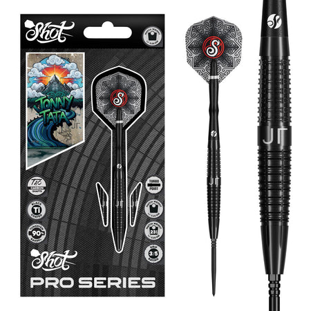 Image of the Shot Pro Series Jonny Tata Turbo Point 90% Tungsten Steel Tip Darts displayed for retail sale with product packaging