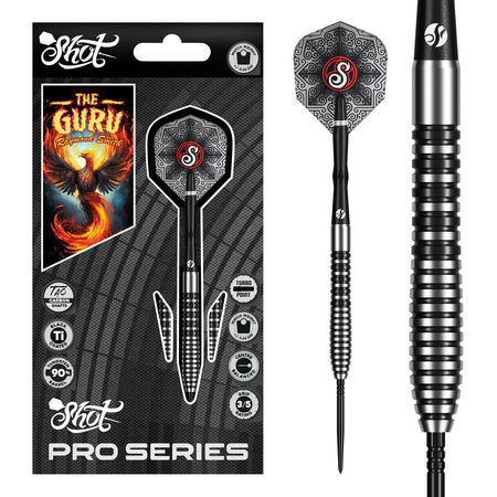 Image of the Shot Pro Series Raymond Smith Guru Turbo Point 90% Tungsten Steel Tip Darts displayed for retail sale with product packaging