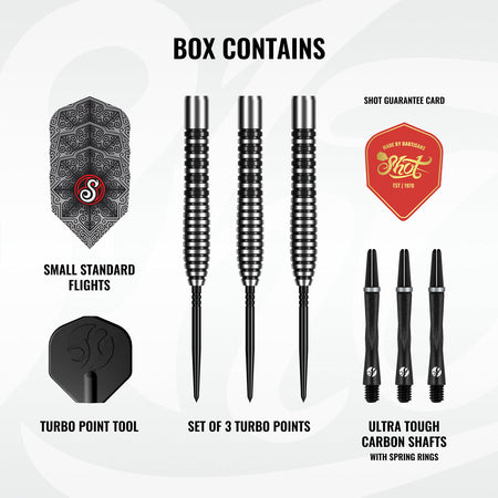 Image showing the contents included with the Shot Pro Series Raymond Smith Guru Turbo Point 90% Tungsten Steel Tip Darts