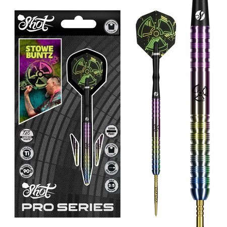 Image of the Shot Pro Series Stowe Buntz 3.0 Turbo Point 90% Tungsten Steel Tip Darts displayed for retail sale with product packaging
