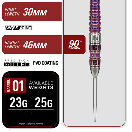 Barrel specifications highlighting the grip profile, dimensions and machining of the Prime Mayo G8 Swiss Point Darts