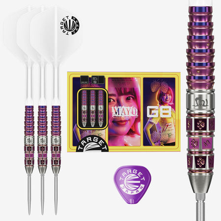 Image of the Prime Mayo G8 Swiss Point Darts displayed for retail sale with product packaging