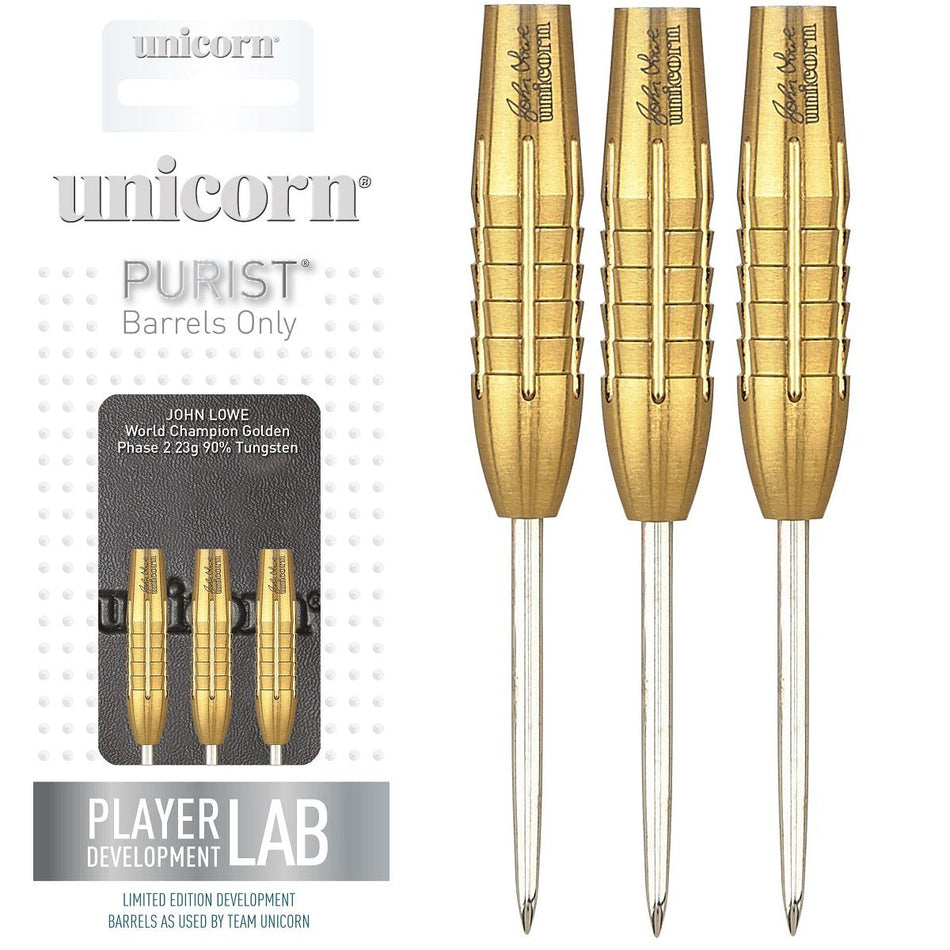 John Lowe Phase 2 Gold Shark Grip Purist 90% Tungsten Steel Tip Darts by Unicorn